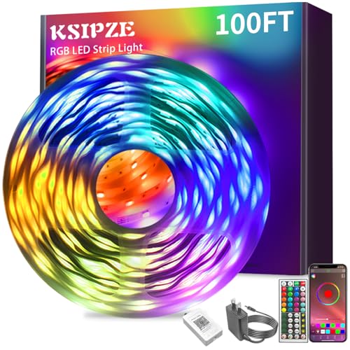 Ksipze 100FT led Lights Strip for Bedroom Smart Music Sync RGB Color Changing with App and Remote Control, Power Supply Led Strip Lights Lumiere Led 30M for Home Party Room Decor
