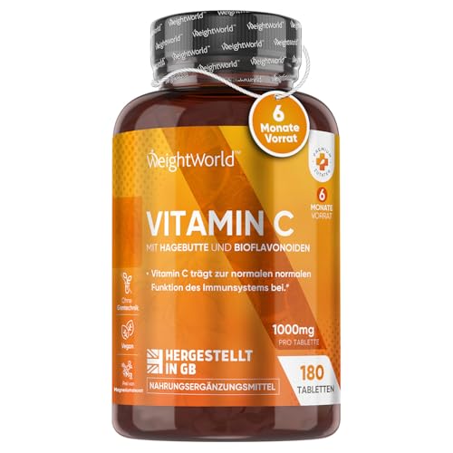 Vitamin C 1000mg pro Tablette - Haut, Immunsystem, Stoffwechsel, Knochen, Knorpel, Zähnen (EFSA) - 180 vegane Tabletten für 6 Monate - Vit C Ascorbinsäure mit Bioflavonoiden, Hagebutte - WeightWorld