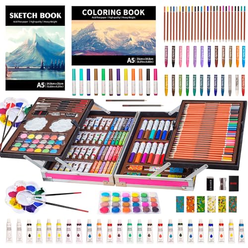 KINSPORY Art Kit, 139 Pack Art Supplies with 2 Sketch Pads, Deluxe Wooden Art Set Crafts, Watercolor Pens, Colored Pencils, Oil Pastels, Paints, Painting Drawing Coloring Gift for Artists Kids (Pink)