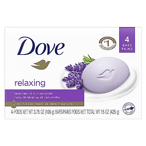 Dove Beauty Bar Soap with 1/4 Moisturizing Cream, Gentle Skin Cleanser, Relaxing Lavender Oil & Chamomile, 106 g, Pack of 4