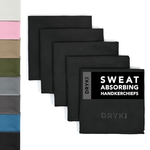 DRYKI Sweat Absorbing Handkerchiefs - Quick-Dry Microfiber Sweat Rags & Towels for Face, Hands, & Body - Perfect for Gym, Sports, and Work (Black: 5 Pack)