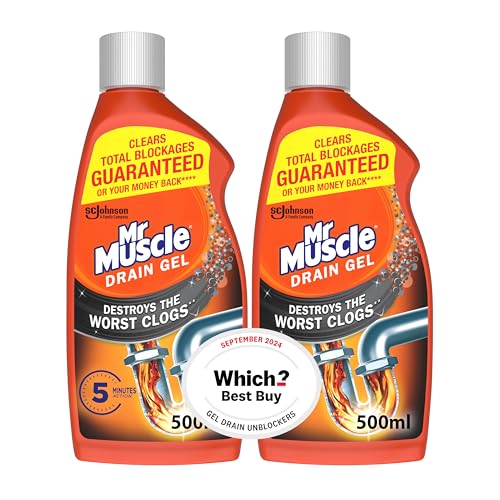 Mr Muscle Drain Unblocker, Sink & Drain Cleaner, Fast Acting Heavy Duty Gel Formula, Dissolves Clogs, Works 3x Better Than Bleach, Safe for All Pipes, Duo Pack (2 x 500ml)