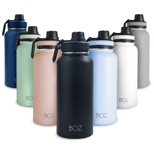 BOZ Stainless Steel Water Bottle XL (1 L / 32oz) Wide Mouth, BPA Free, Vacuum Double Wall Insulated (Matte Black)