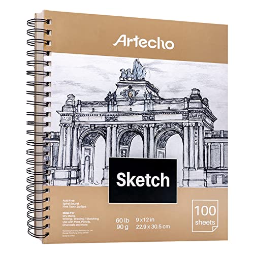 Artecho Sketch Book 9 x 12 Inch, 100 Sheets 90gsm, Spiral Hardcover Sketchbook, Acid Free Sketch Paper, Drawing Pad