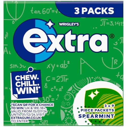Extra Chewing Gum, Sugar Free, Spearmint Flavour, Pack of 3 x 9 Pieces (Packing May Vary)