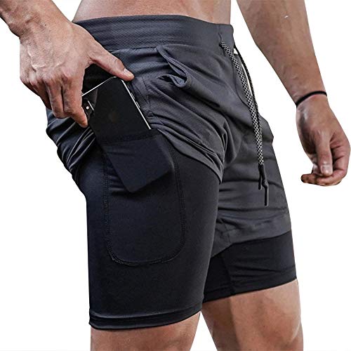 Superora Mens Running Gym 2 in 1 Sports Shorts Breathable Outdoor Workout Training Shorts with Pockets Grey