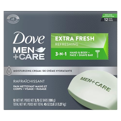 Dove Men + Care Hand & Body, Face & Shave Bar Soap for refreshed skin Extra Fresh soap bar with ¼ moisturizing cream 106 g Pack of 12