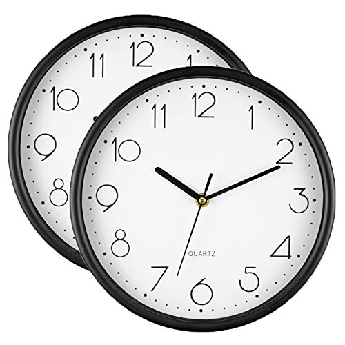 Bekith 2 Pack Wall Clock Silent Non Ticking - 10 Inch Round Quartz Battery Operated Home Office School Clocks, Black