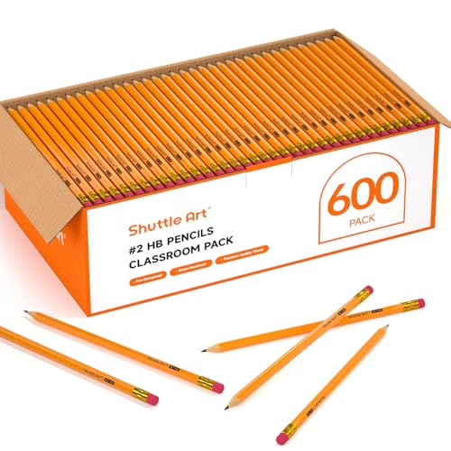 Shuttle Art Wood-Cased #2 HB Pencils, 600 Pack Sharpened Yellow Pencils with Erasers, Bulk Pack Graphite Pencils for School and Teacher Supplies, Writing, Drawing and Sketching