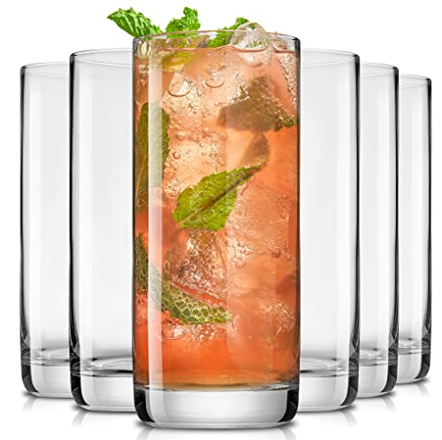 JoyJolt Faye Highball Glasses Set of 6 Tall Drinking Glasses. 13oz Cocktail Glass Set. Lead-Free Crystal Glassware. Bourbon or Whiskey Glass Cup, Bar, Iced Tea, Water, Mojito and Tom Collins Glasses