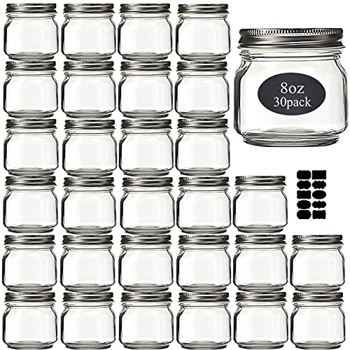 Mason Jars 8 oz 30 Pack- Small Mason Jars With Silver Lids -1/4 Quart Canning Jars| Storage Glass Jars With Lids For Jelly, Jam, Honey, Pickles - Spice Glass Jars - With 30 Chalkboard Labels