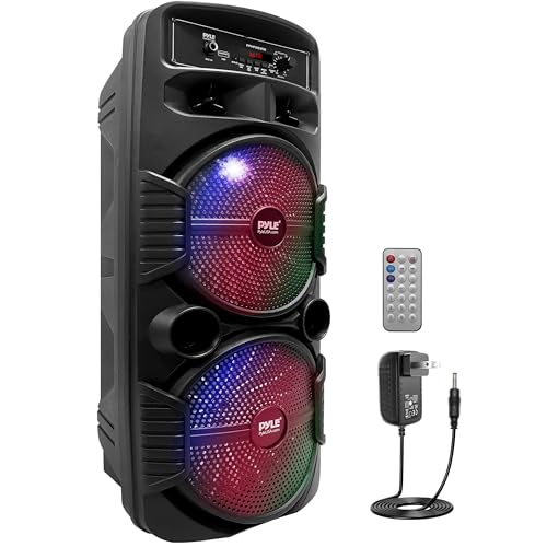 Pyle Portable Bluetooth PA Speaker System - 600W Rechargeable Outdoor Bluetooth Speaker Portable PA System w/ Dual 8” Subwoofer 1” Tweeter, Microphone In, Party Lights, USB, Radio, Remote - PPHP2835B
