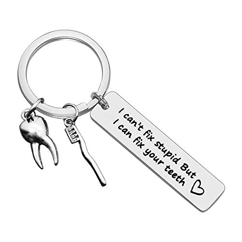 Dentist Keychain Funny Dental Hygienist Gift I Can't Fix Stupid But I Can Fix Your Teeth Gift Future New Dentist Keychain Gift Dentist Retirement Graduation Birthday Gift for Men Women