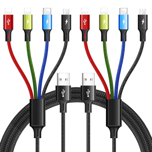 Multi Charging Cable 3.5A Multiple Charger Cable Braided 4 in 1 Multi USB Cable Fast Charging Cord with IP/Type C/Micro Ports for Cell Phones/iPhone Series/Tablets/Samsung Galaxy & More (2Pack 4Ft)
