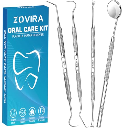 ZOVIRA Plaque Remover for Teeth 4pc Tooth Cleaning Kit with Tartar and Calculus Removal Dental Care Set Stainless Steel Dentist Tools for Personal and Home Use