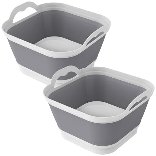 Suwimut 2 Pack Collapsible Wash Basin with Drain Plug Carry Handles, 9L Large Collapsible Sink Tub Portable Dish Tub Foldable Dishpan for Kitchen Sink, Camping Dish Washing Tub, Gray