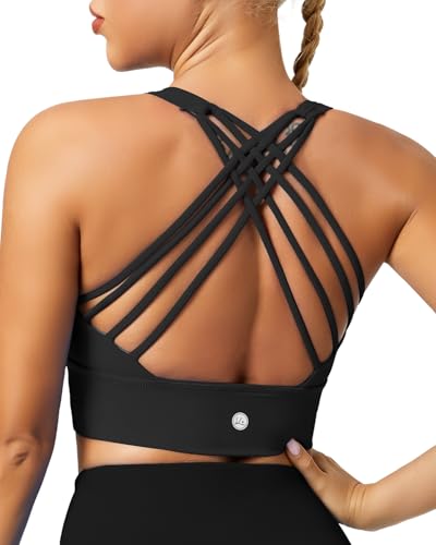 QUEENIEKE Sports Bras for Women Padded Medium Support for Yoga Cross Back Strappy Free to Be Bra Size M Color Black