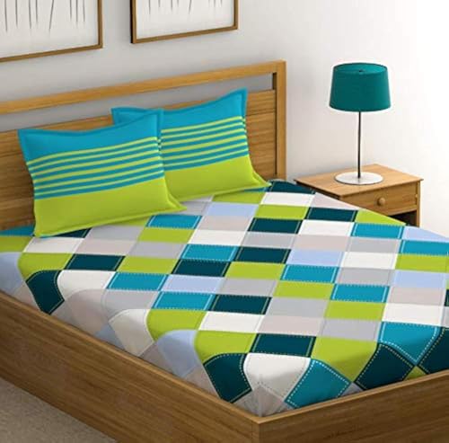 Huesland by Ahmedabad Cotton 144 TC Cotton King Size Bedsheet with 2 Pillow Covers - Blue, Green & Grey(9ft x 9ft)