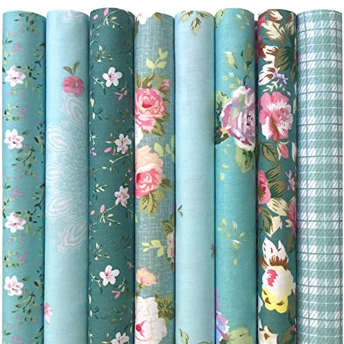 Mililanyo 8 PCS 18x22 inch Green Floral Fat Quarters Fabric Pre-Cut Quilt Squares Cotton Fabric Squares for Patchwork Quilting and DIY Sewing Projects