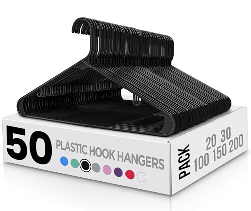 Utopia Home Black Plastic Hangers 50 Pack - Clothes Hanger with Hooks - Heavy Duty Durable & Space Saving Coat Hanger for Shirts, Pants, and Skirts
