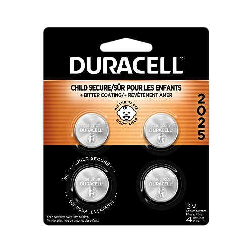 Duracell 2025 Lithium Battery, 4 Count Pack (Pack of 1) Child Safety Features, Lithium Coin Battery for Key Fob, Car Remote, and other devices. CR2025 Lithium 3 Volt (3V) Cell