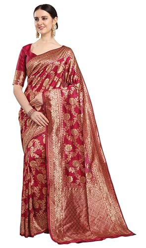 EthnicJunction Women's Kanchipuram Silk Half and Half Woven Saree With Blouse Piece, red, Maroon, One Size