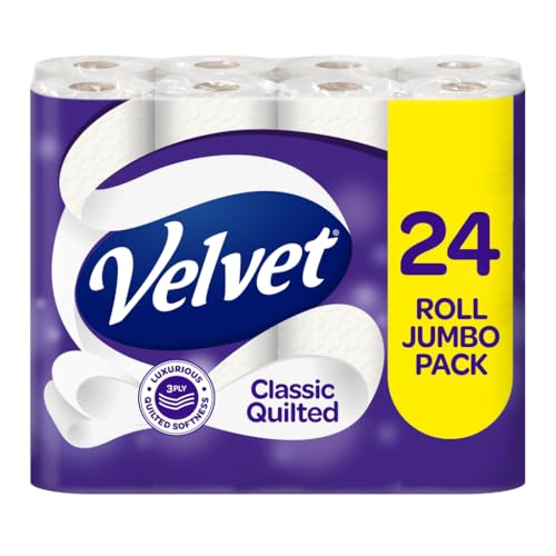 Velvet Classic Quilted Toilet Tissue 24 Rolls - Luxuriously Soft, Strong and Absorbent Toilet Roll - Jumbo Bulk Pack 24 Rolls - 3-ply - White