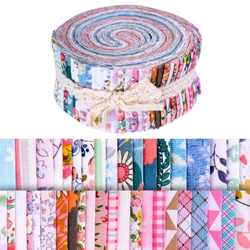 40 Pcs Patterns Fabric Jelly Rolls, 2.46 x 39.3 Fabric Roll Up, Flower Patchwork Cotton Jelly Roll, Patchwork Crafts Cotton Quilting Strips with Different Patterns for DIY Crafts