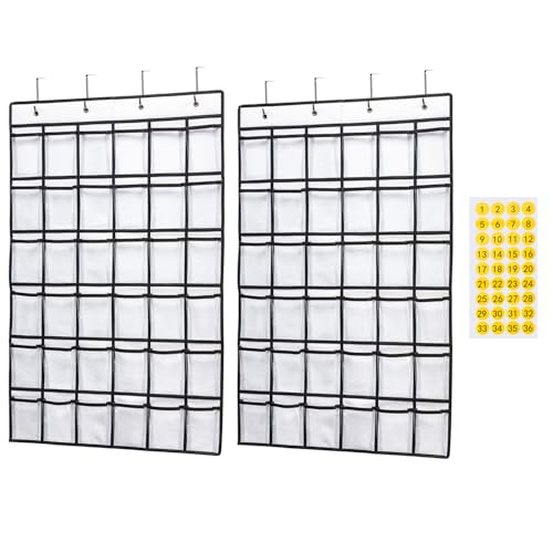 SAVERHO Classroom Pocket Chart，36 Clear Hanging Pocket Organizer for Cell Phone and Calculator Holder，Door Hanging Organizer for Classroom with 36 Number Sticker(White-2pack)