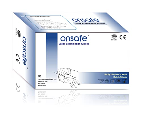 ONSAFE Latex Medical Examination Disposable Powdered Hand Gloves | Non-Sterile Single-Use Gloves for Healthcare, Laboratory, and General Use -100 Pieces Each Pack (White-Medium, Pack of 1)