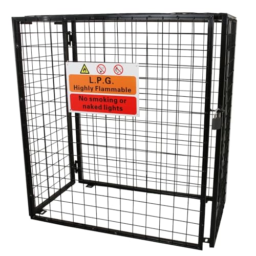 Gas Bottle Cage 920mm x 1100mm x 500mm Collapsible Black Mesh Secure Lockable Storage Powder Coated Galvanised Steel 3mm Wire Thickness 3 x 19kg Cylinder Bottles FREE Warning Sign Padlock & 2 Keys