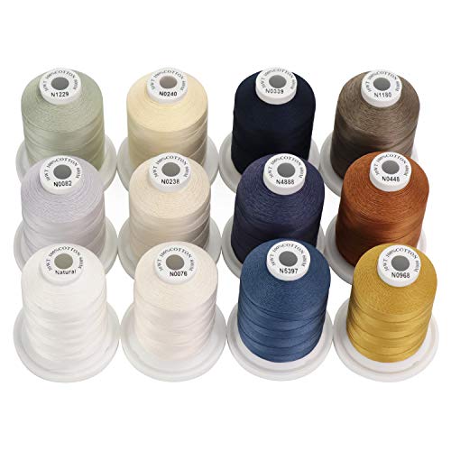 New brothread - 18 Options - Multi-Purpose 100% Mercerized Cotton Threads 50S/3 600M(660Y) Each Spool for for Quilting, Serger, Sewing and Embroidery - 12 Neutral&Jean Colors