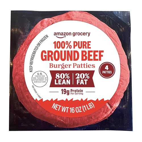 Amazon Grocery, 100% Pure Ground Beef Burger Patties, 80% Lean/20% Fat, 1 lb (Pack of 4) (Previously Fresh Brand, Packaging May Vary)