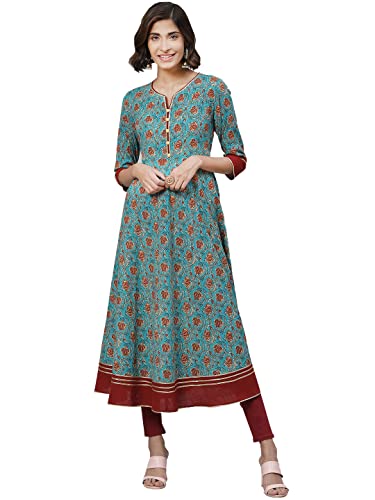 Yash Gallery Women's Kantha Floral Print Anarkali Kurta, Blue, 3X-Large