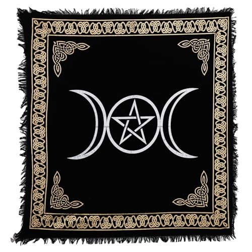 Indian Consigners Triple Moon Pentagram Altar Cloth – 36x36 Inch Black Flannel Table Cover – Gold & Silver Pagan Wiccan Witchcraft Cloth