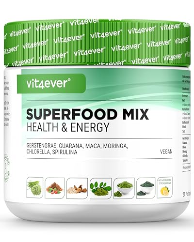 Kombination aus Superfoods - 420 g Pulver (Shake) mit Gerstengras, Guarana, Maca, Chlorella, Spirulina, Moringa - 100% natürlicher Power Smoothie - Mit Zitronen Aroma - Vegan