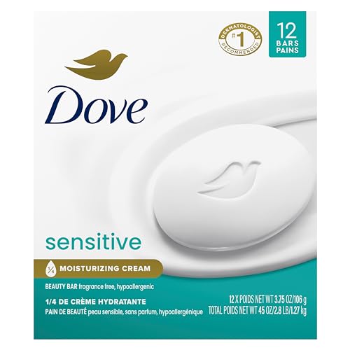Dove Beauty Bar More Moisturizing Than Bar Soap for Softer Skin, Fragrance Free, Hypoallergenic Sensitive Skin With Gentle Cleanser 106 g 12 count