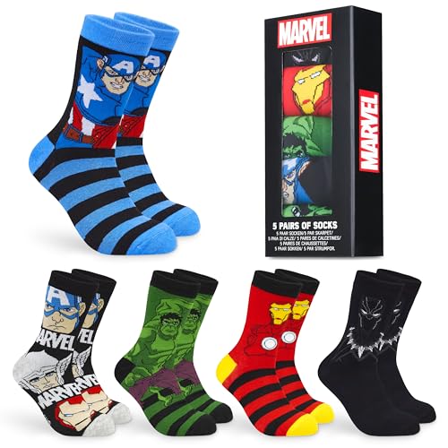 Marvel Socken Herren, 5er-Pack Baumwolle Herrensocken Avengers, Lustigen Socken Set Größe - Geschenke für Männer (Blau/Mehrfarbig, 40-45 EU)