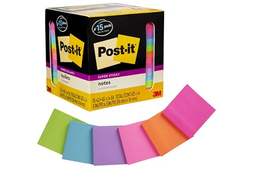 Post-it Super Sticky Notes, Assorted Bright Colors, 3 in x 3 in, 15 Pads/Pack, 45 Sheets/Pad, 2X The Sticking Power, Recyclable (654-15SSCP), Multi-Color