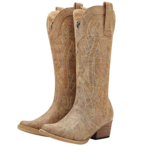HISEA Rollda Cowboy Boots for Women Cowgirl Boots Ladies Western Embroidery Pointy Toe
