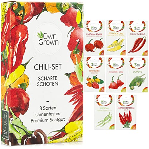 Chili Samen Set: 8 Sorten Chilisamen für Garten und Balkon – Premium Chilisortiment – Bunte und alte Pflanzen – Chili Set mit milden und scharfen Chilli Pflanzen – Chili züchten mit OwnGrown