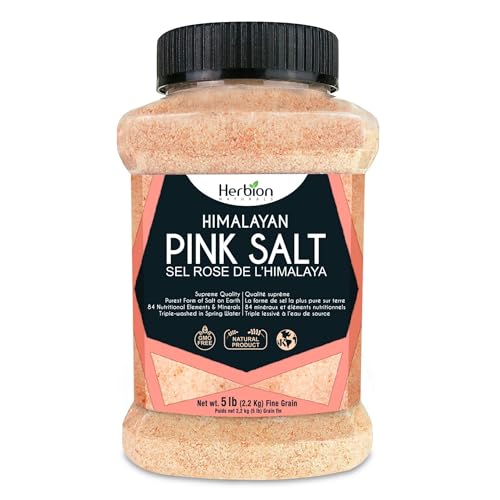 Herbion Naturals Himalayan Pink Salt - Fine Grain - 5 lb. (2.2 Kg) Unbreakable Jar - Kosher Certified - GMO-Free - Vegan - Supreme Quality - Chemical Free