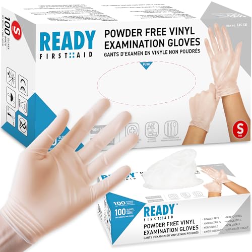 Ready First Aid - Disposable Vinyl Gloves, Medical Grade Powder-Free Latex-Free Nitrile-Free Ambidextrous Examination Gloves Non-Sterile, Multiple Purpose, Pack & Size (Small, Pack of 100)