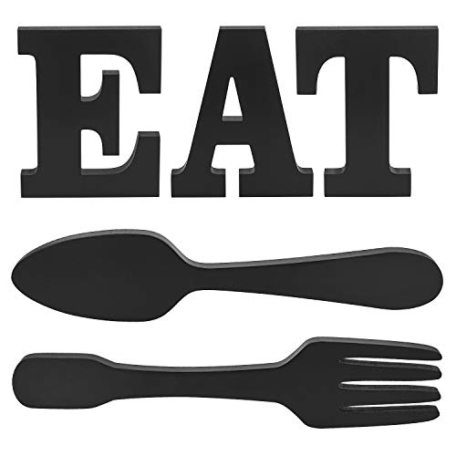 EAT Letter Sign + Fork Spoon Wall Hanging Sign,Large Wooden Letters for Kitchen Sign Dinning Room Restaurant Coffee Shop Wall Mounted Decoration (Black)L8