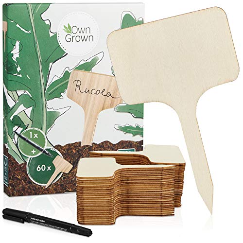 OwnGrown Store Holzschild zum Beschriften: Set aus 60 Etiketten zum Beschriften mit Stäbchen und Stift - Perfekt für Pflanzentopf, DIY Schilder selbst gestalten und Garten - Gartengeräte