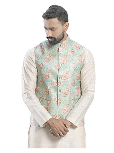 Elina fashion Men's Indian Nehru Jacket || Printed Bandhgala Jodhpuri Sleeve Less ONLY Waistcoat Green