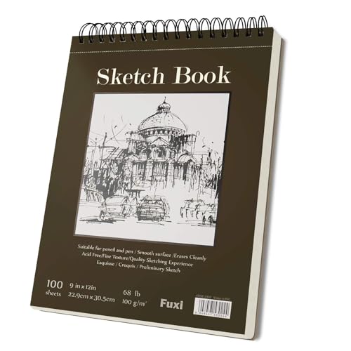 Fuxi 9" x 12" Sketch Book, Top Spiral Bound Sketch Pad, 1 Pack 100 Sheets 68lb/100gsm Drawing Paper, Acid Free Art Sketchbook Blank Painting Writing Drawing Pad for Kids Beginners Artists.