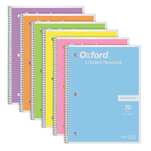 Oxford Notebooks, Spiral Notebook 1 Subject, College Ruled Paper, 8" x 10-1/2", Pastel Pink, Orange, Yellow, Green, Blue, Purple, 70 Sheets, 6 Pack, for School, Office