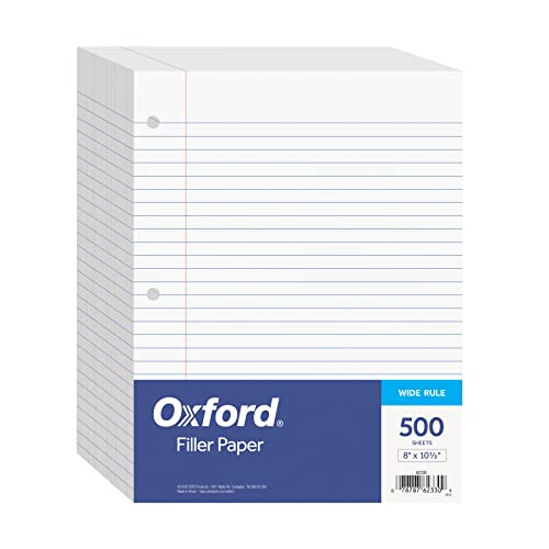 Oxford Filler Paper, 8" x 10-1/2" Wide Ruled Paper, 3 Hole Punch, Loose Leaf Notebook Paper for 3 Ring Binders, 500 Sheets, White, for School, Office