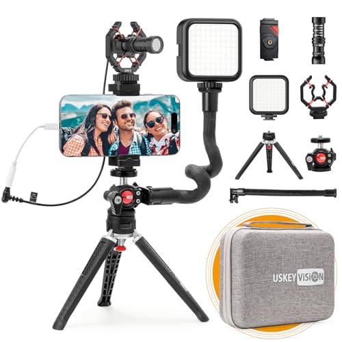 USKEYVISION Smartphone Video Vlogging Kit Metal Microphone Light Tiktok YouTube Podcast Equipment for iPhone 15/14/13 Mini/Pro/Max, Android Smartphone (V-Master)